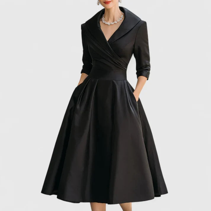Elegantes Damen Wickelkleid mit V-Ausschnitt, 3/4-Ärmeln und Taschen. Modisches Midikleid für Büro oder Sommer.