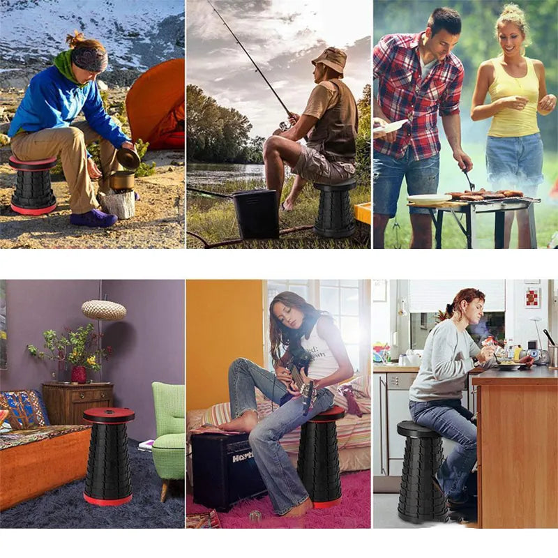 Gefalteter CompactGo Klapphocker, extrem leicht & platzsparend, ideal als Reisehocker für unterwegs.