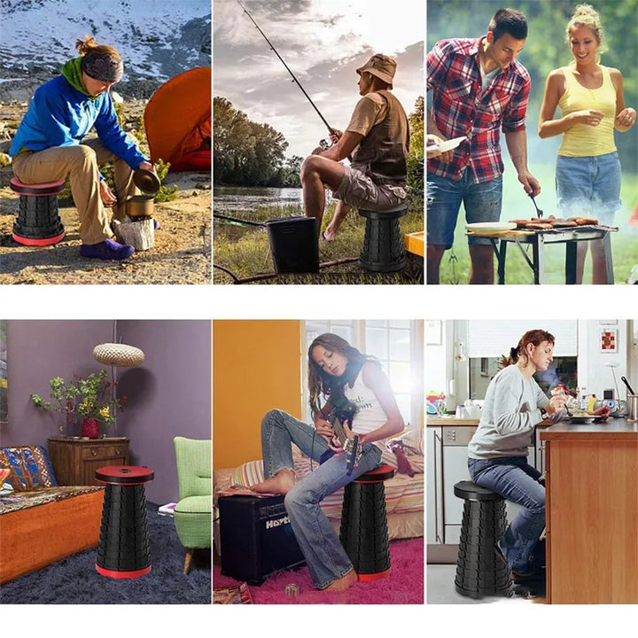 Gefalteter CompactGo Klapphocker, extrem leicht & platzsparend, ideal als Reisehocker für unterwegs.