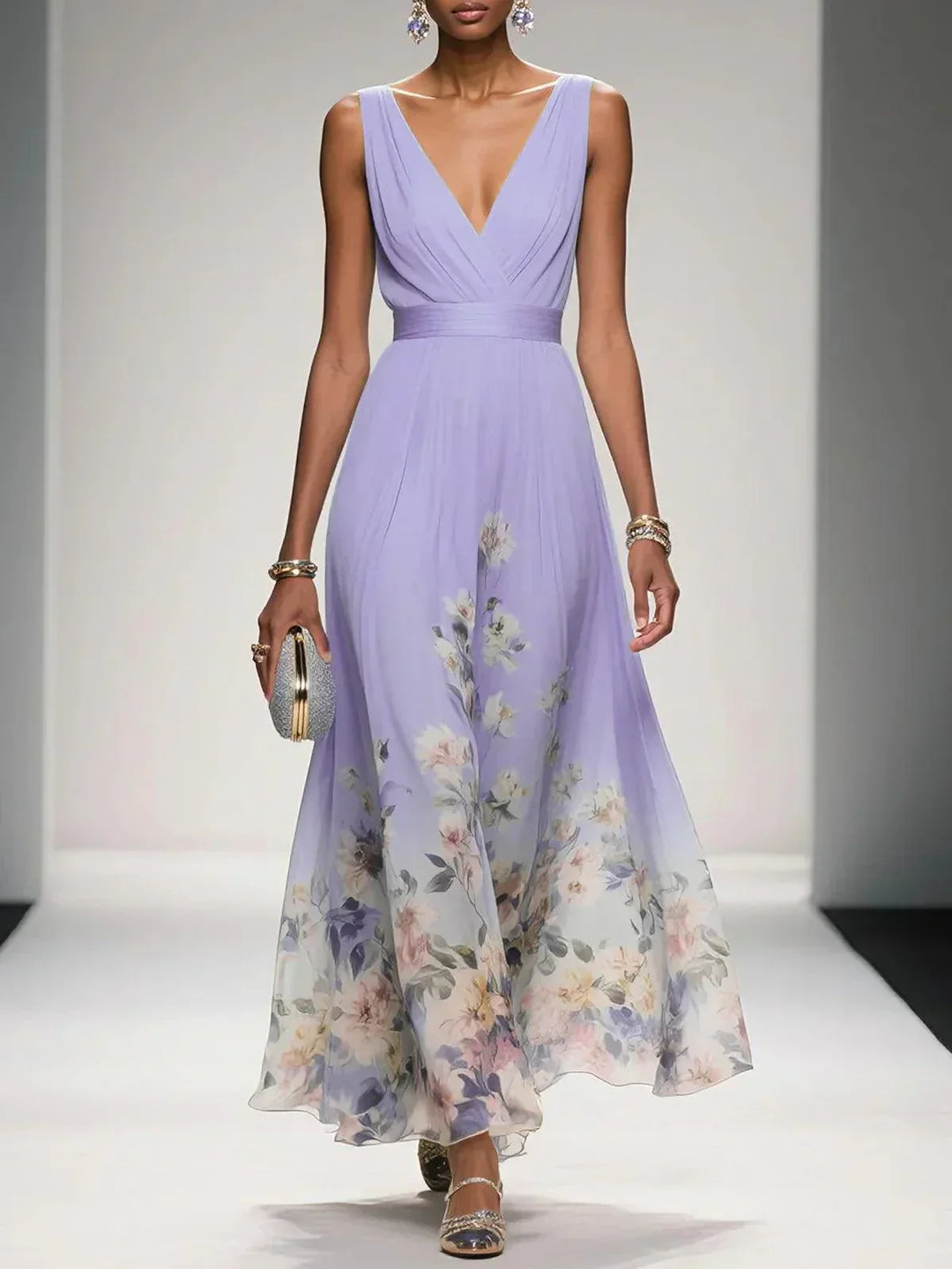 Detailansicht: Florales Muster auf leichtem Damen Sommer Maxikleid. Atmungsaktiv, stilvoll & trendig.