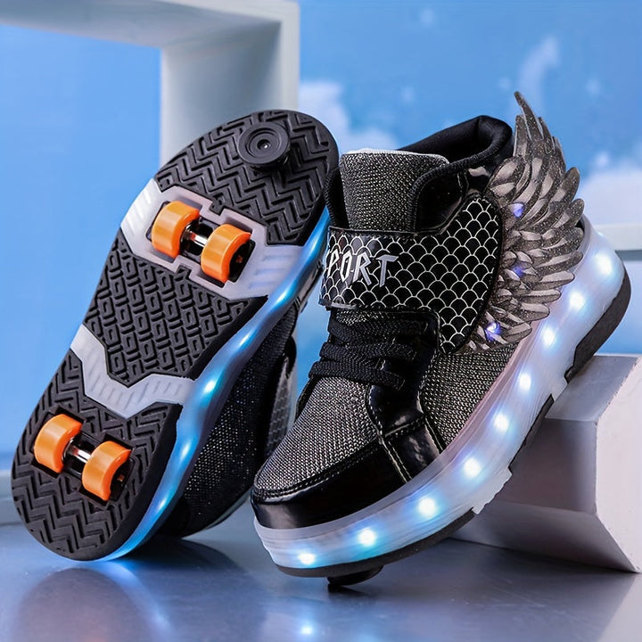 Robuste Unisex Kinder LED Rollschuh-Sneaker in Weiß mit auffälligen Flügeln, ideal für Jungen und Mädchen.