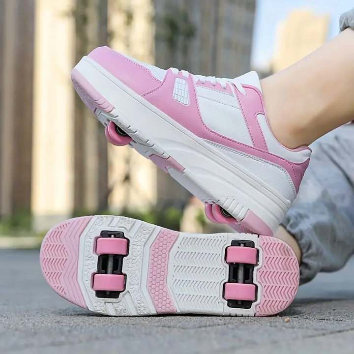 Detailaufnahme der abnehmbaren Rollschuh-Räder an den Kinder Freizeitschuhen; einfache Umwandlung möglich.