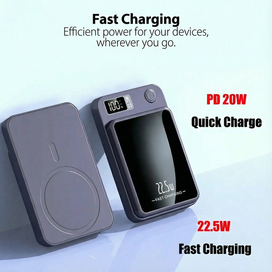 Kompakte magnetische Powerbank, kabellos, 22.5W schnellladen, ideal für Reisen.