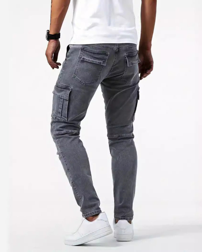 Robuste Herren Slim Fit Cargohose mit Reißverschluss und Mehrfachtaschen, bequeme Alltagshose.