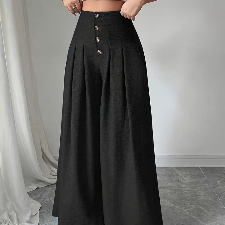 Komfortable High-Waist Faltenhose für Damen, Weitbein, mit modernen Knopfdetails, ideal fürs Büro.