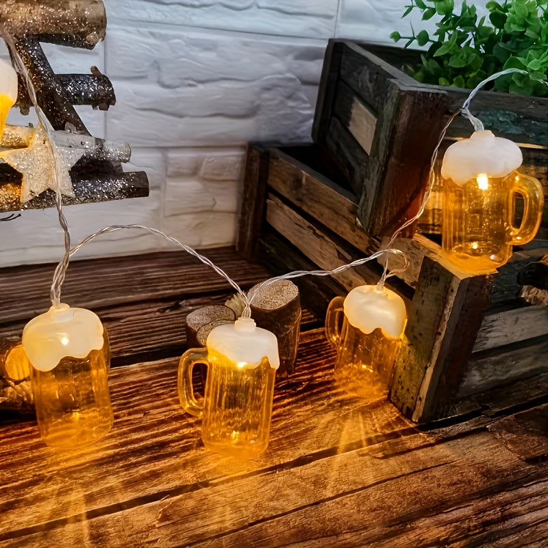 Oktoberfest Deko: 2er-Set LED Lichterketten mit leuchtenden Bierkrügen, ideal für zünftige Feste.