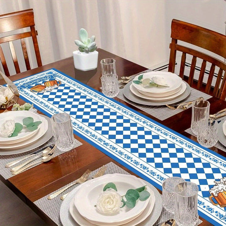 Authentischer Oktoberfest Tafelläufer mit bayerischem Rautenmuster; hochwertige Tischdeko für Partys und Wiesn.
