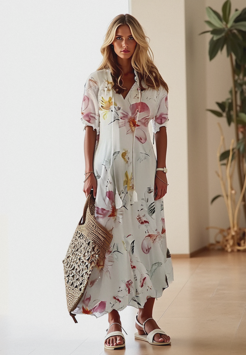 Luftiges Damen Boho Maxikleid mit kurzen Ärmeln, perfekt als Sommer- oder Strandkleid.