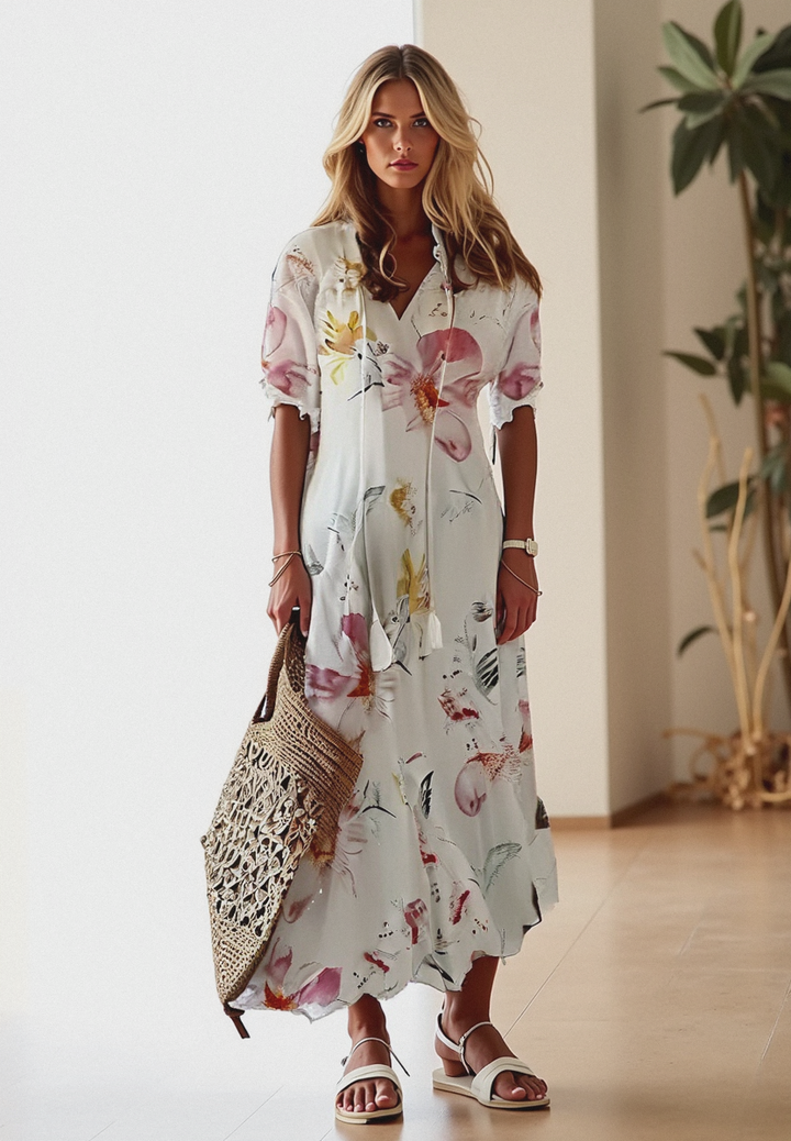 Luftiges Damen Boho Maxikleid mit kurzen Ärmeln, perfekt als Sommer- oder Strandkleid.