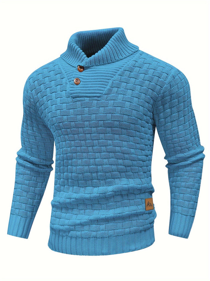 Warmer Herren Schalkragen Pullover. Waffelstruktur, elegantes Design für Wintermode.