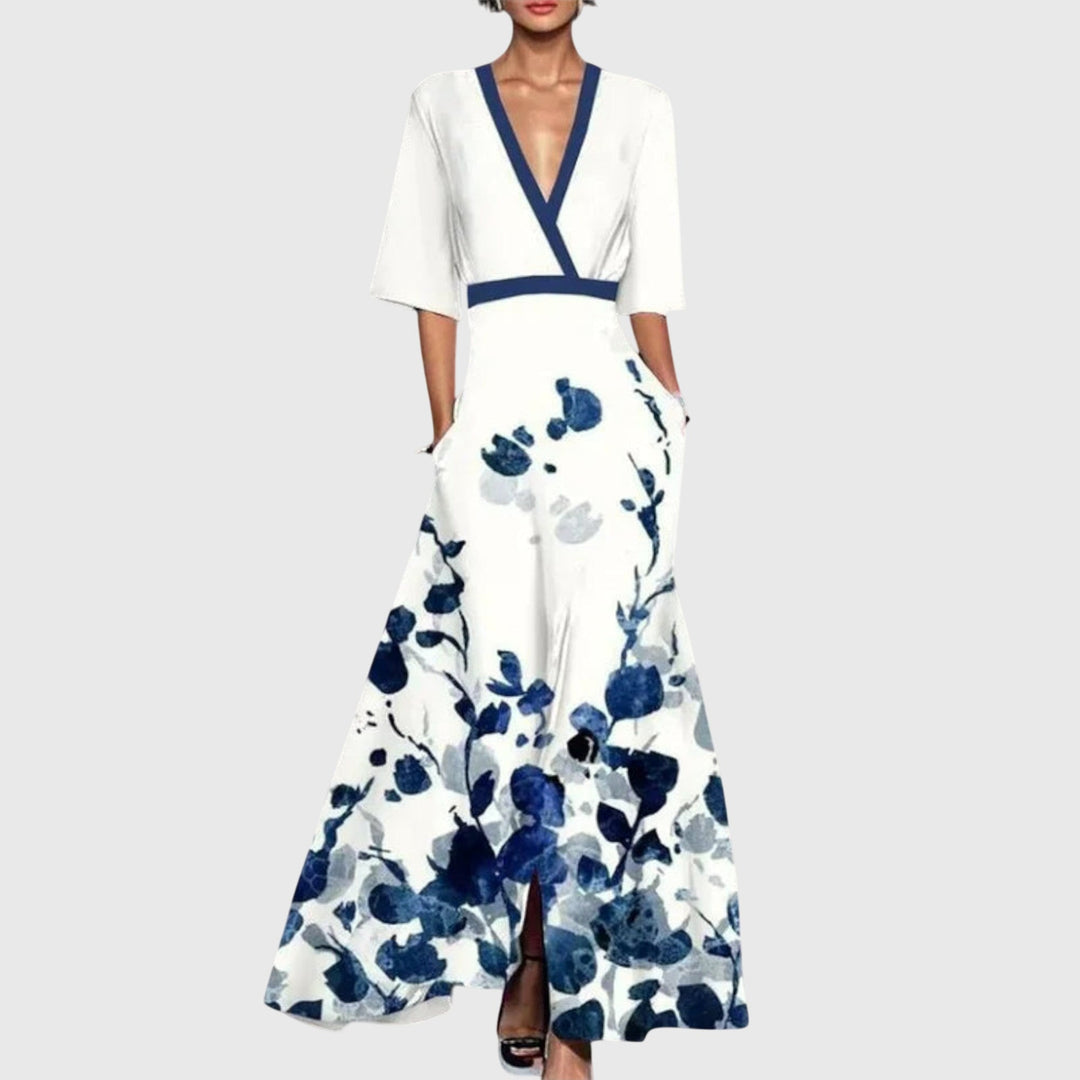 Elegantes Damen Sommerkleid mit floralem Muster. Langes Wickelkleid mit V-Ausschnitt für festliche Anlässe.