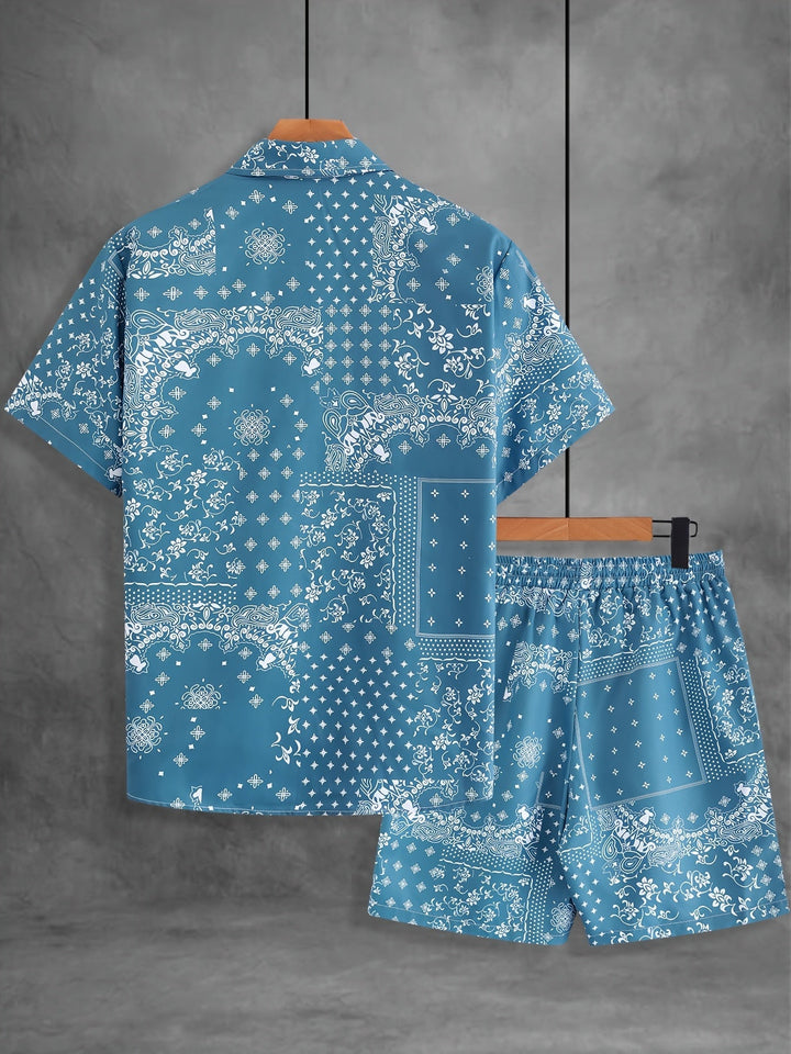 Herren Bandana Print Freizeit Set, präsentiert: Kurzarm Hemd & Shorts, lässige Sommer Mode.