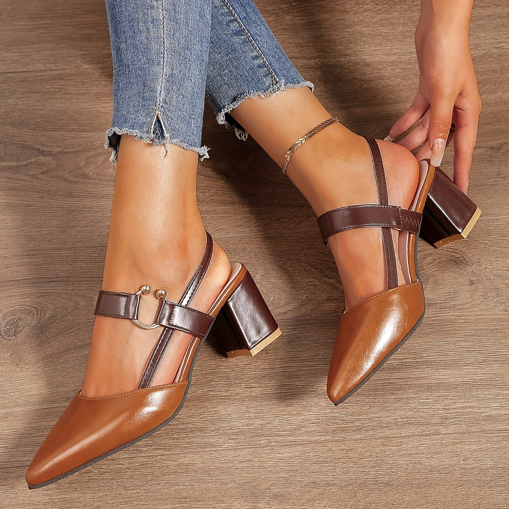 Elegante Damen Slingback Pumps mit spitzer Kappe und Blockabsatz, perfekt für Büro und Abendmode.