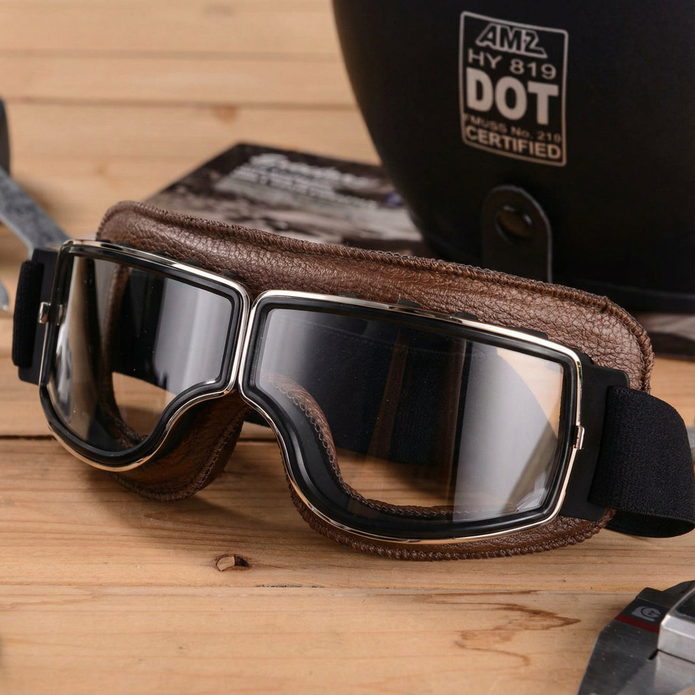 Elegante Retro-Lederbrille für Motorradfahrer. Hochwertiges Lederdesign bietet Schutz & Vintage-Stil.