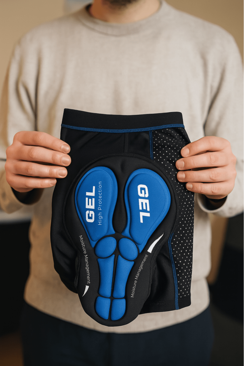 Seitenansicht der Unisex Radunterhose, ergonomisch geschnitten für Komfort und Bewegungsfreiheit beim Radfahren.