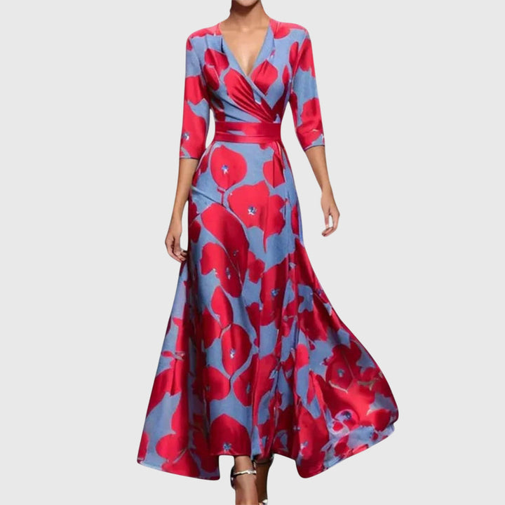 Damen Wickel-Maxikleid mit Blumenmuster & V-Ausschnitt, perfekt für den Sommer. Fließendes elegantes Kleid.