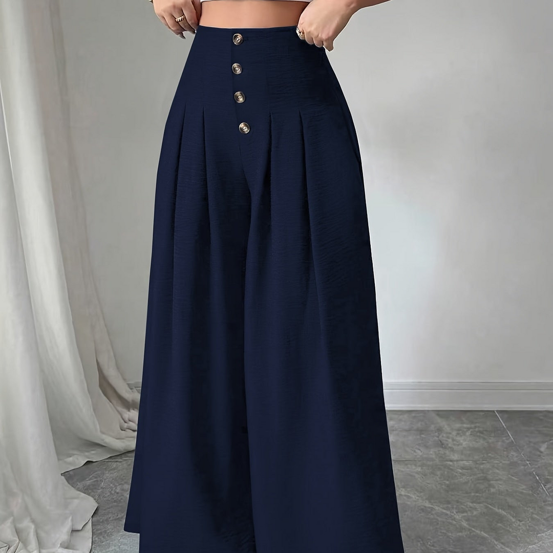 Moderne Damenhose, High-Waist Weitbein mit Falten und Knopf, perfekt für einen stilvollen Look.