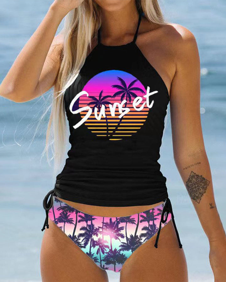 Tankini Set für Damen, zweiteilig, mit Palmenmotiv, Schnürdetails und Neckholder für Strand & Pool.