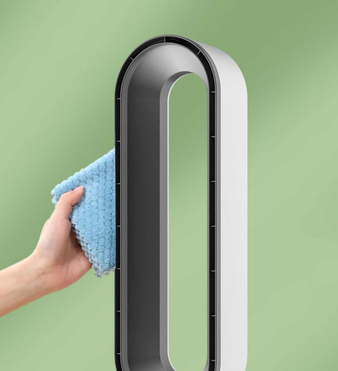 Stilvoller, bladloser AirPure Luftkühler in modernem Design für eine kühle und frische Wohnatmosphäre.
