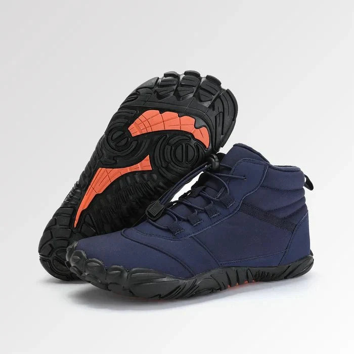 Blaue Winter Barfußschuhe mit Profilsohle, Nahaufnahme.