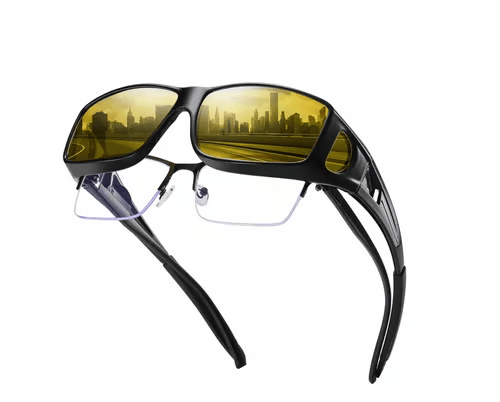 Anti-Blendschutz Nachtfahrbrille mit gelb getönten Gläsern für sicheres Fahren bei Nacht ohne Blendung.