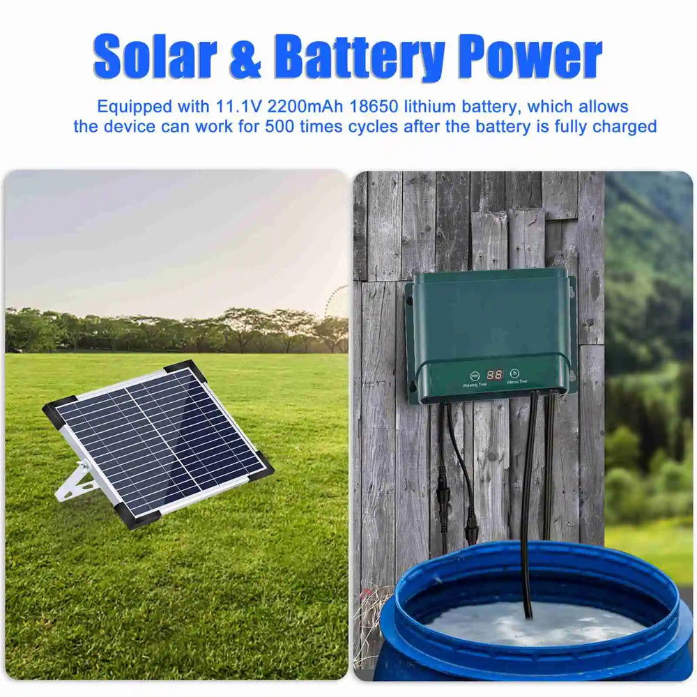 Solarpanel und Steuergerät des AquaFlow Solar-Tropfbewässerungssystems. Automatische Pflanzenpflege mit 30 Modi.