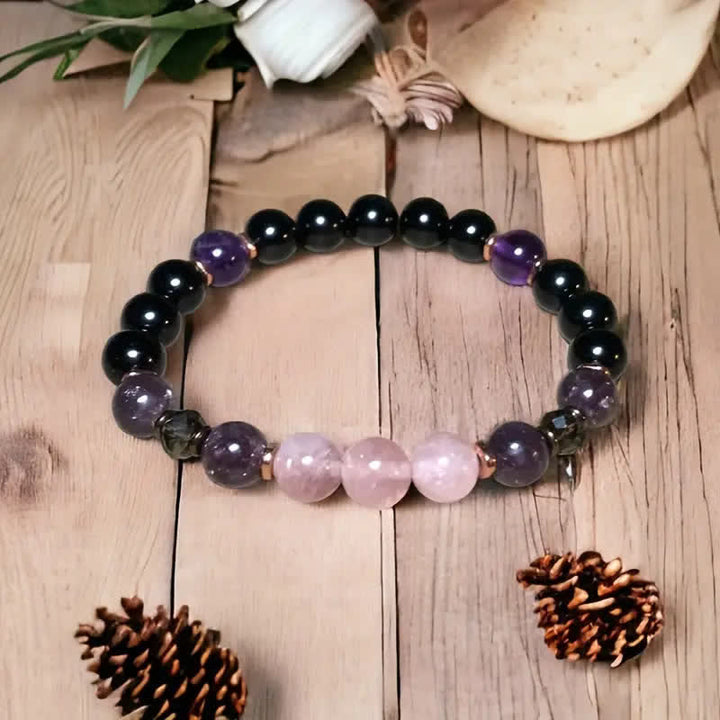 Damen Perlenarmband aus Rosenquarz, Obsidian & Amethyst, elegantes Edelsteinarmband für Frauen.