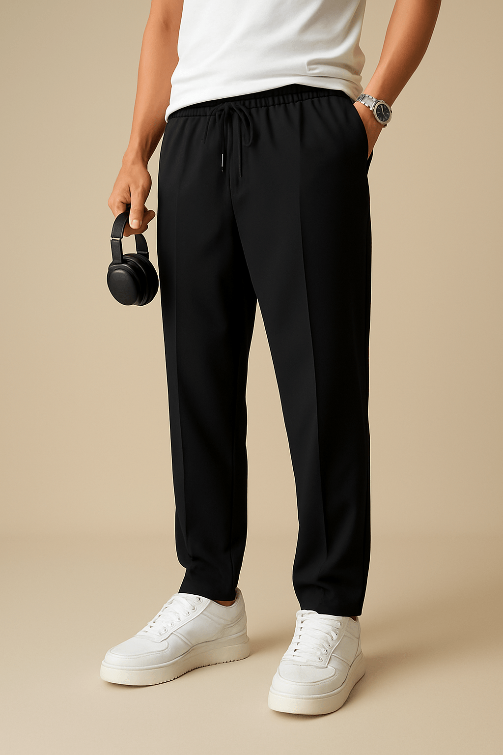 Schwarze Herren Chino Hose mit Komfortbund, elegant und bequem für Büro & Freizeit.
