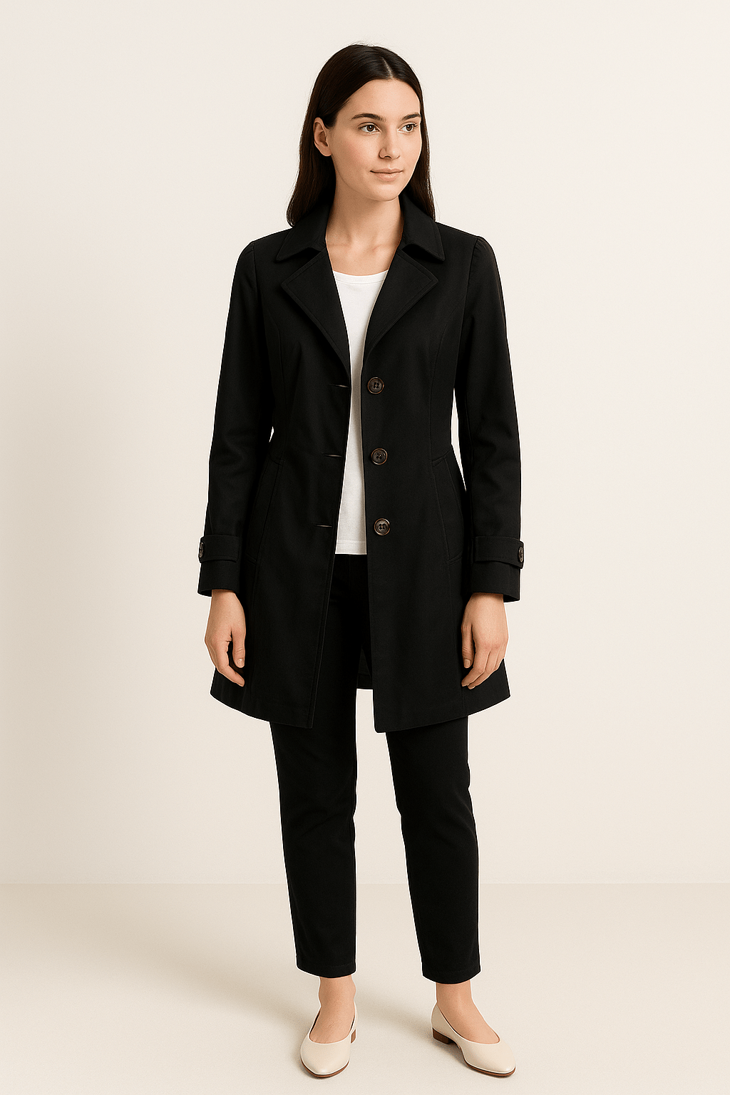 Taillierter schwarzer Damen Trenchcoat. Perfekt für Business, Freizeit & Reisen im Frühling/Herbst.