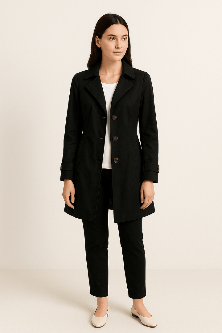Taillierter schwarzer Damen Trenchcoat. Perfekt für Business, Freizeit & Reisen im Frühling/Herbst.