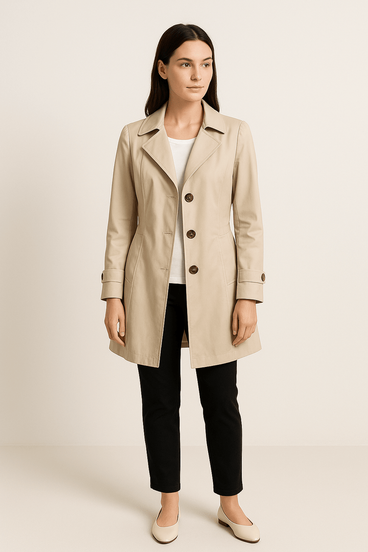 Damen Trenchcoat mit schickem Reverskragen in Khaki, ideal für einen eleganten Herbst- oder Frühlingslook.