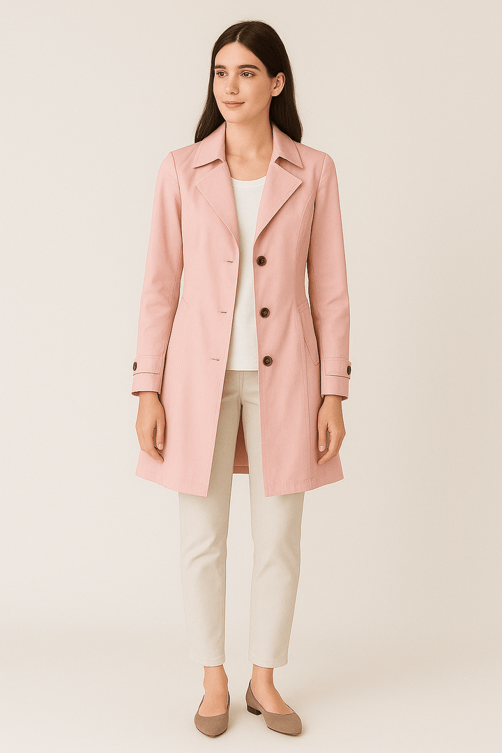 Modischer rosa Damen Mantel, tailliert geschnitten. Vielseitiger Trenchcoat für Business & Freizeit im Frühling.
