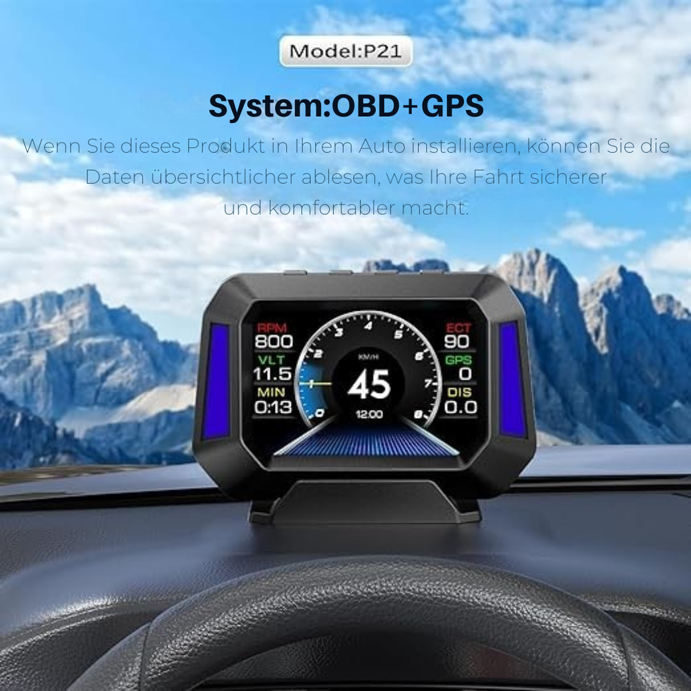 Digitalanzeige HUD projiziert wichtige Fahrzeugdaten direkt ins Sichtfeld des Fahrers. Komfortables Autozubehör.