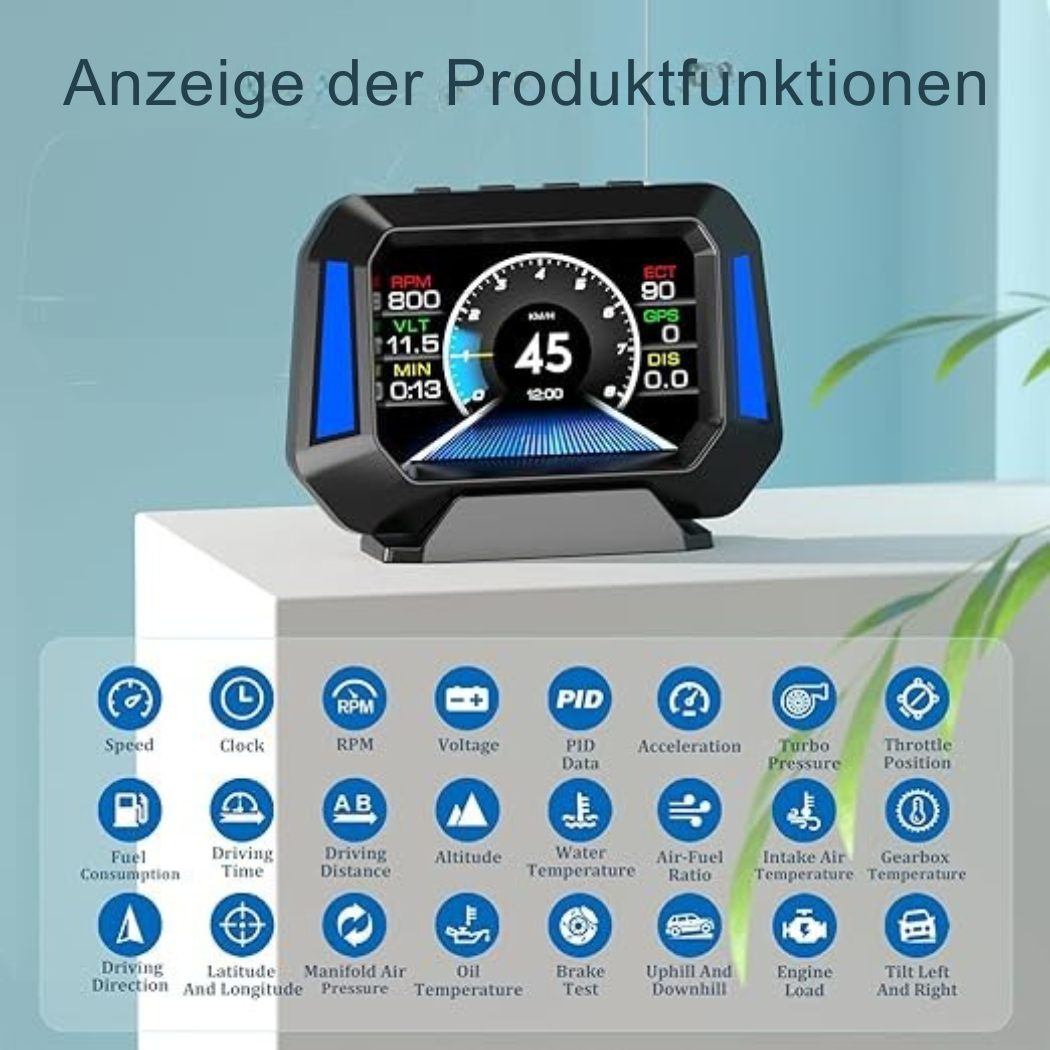 Fortschrittliches Headup-Display mit Echtzeit-Fahrdaten wie Geschwindigkeit und Verbrauch. Digitalanzeige für Ihr Auto.
