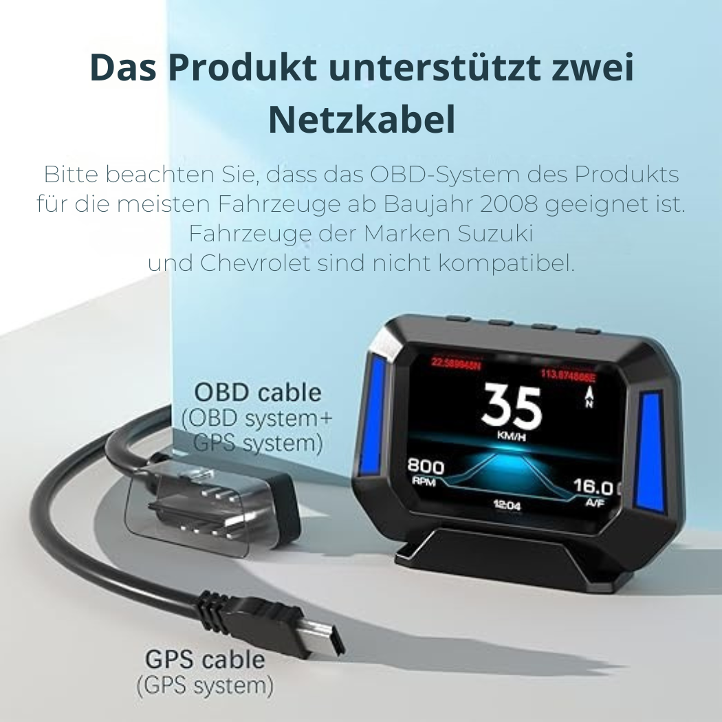 Auto HUD mit Geschwindigkeitsanzeige, Drehzahl & Warnungen. Verbessert die Fahrassistenz & Sicherheit im Straßenverkehr.