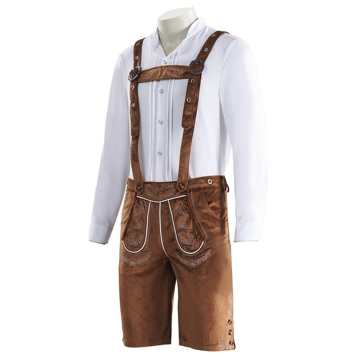 Mann trägt authentisches Herren Trachten-Outfit: Lederhose & kariertes Hemd für Volksfest.
