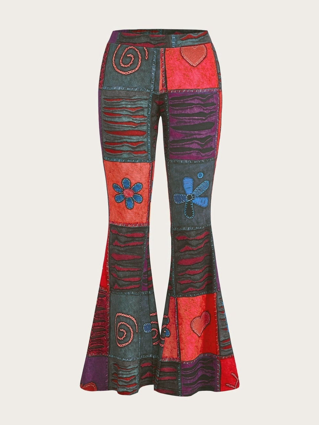 Detailansicht der Damen Bootcut-Hose: abstraktes Print-Muster & mittelhoher Bund. Modisches Design.