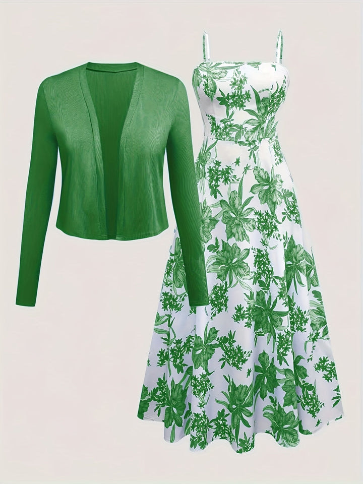 Elegantes Damen Freizeitkleid Set mit Blumenmuster Midikleid & bequemem Cardigan. Ideal für den Frühling.