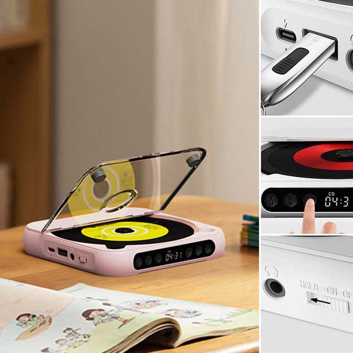 Tragbarer Bluetooth CD-Player in der Hand, zeigt sein kompaktes und leichtes Design.