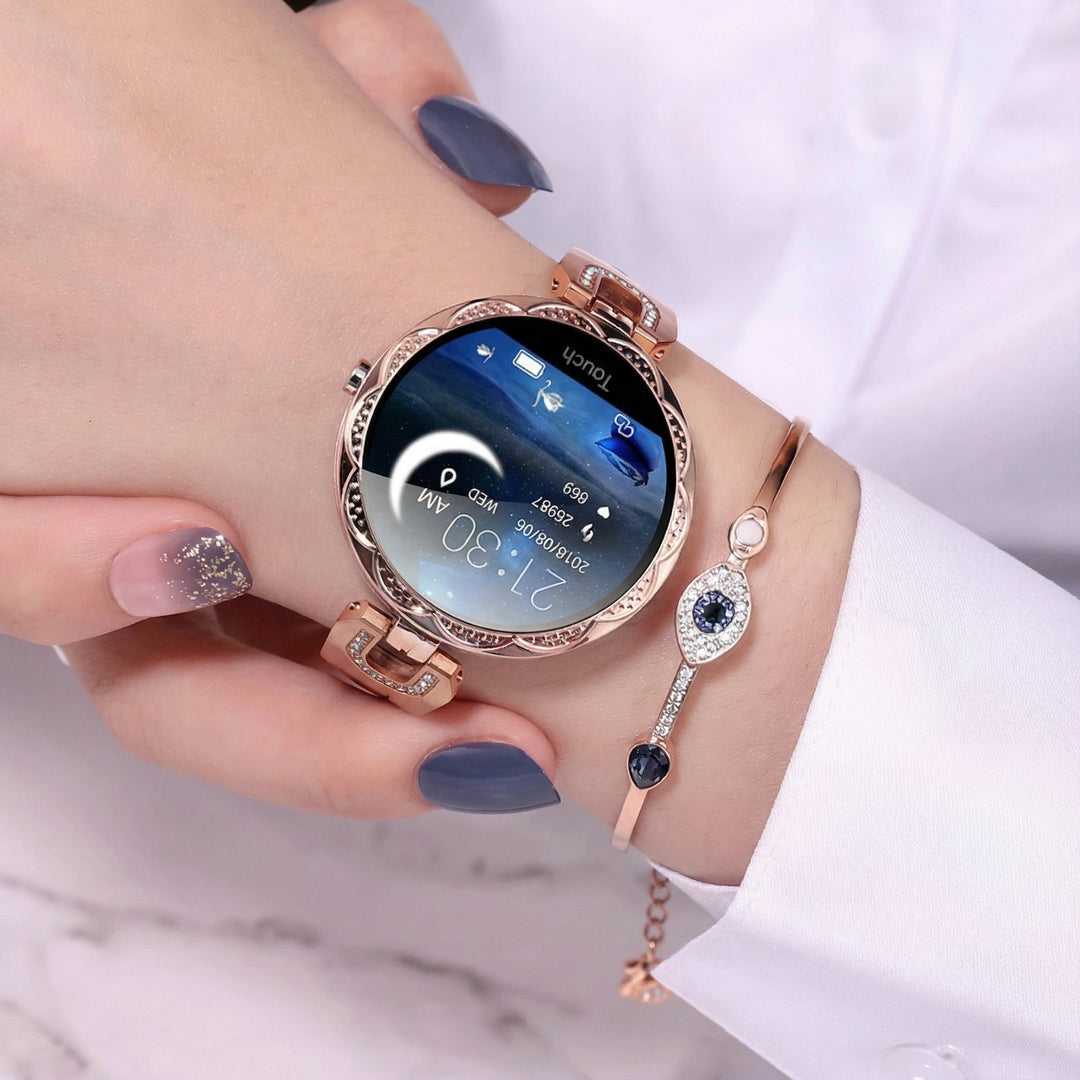 Wasserdichte Damen Smartwatch mit Herzfrequenzmesser und Aktivitätstracker für Sport und Gesundheit.