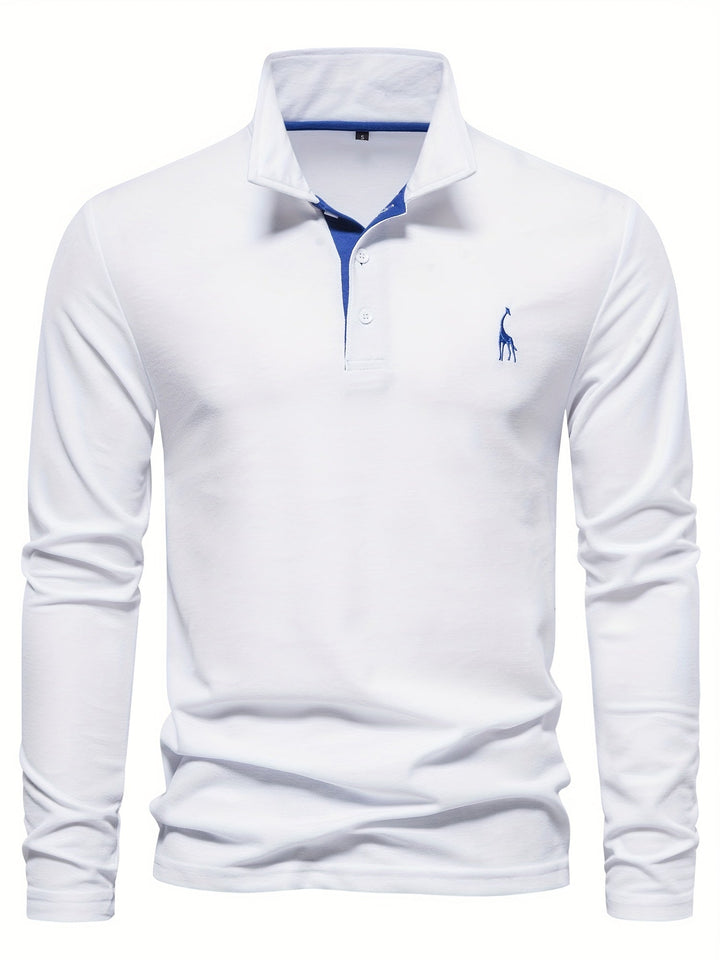 Detailansicht des Kragens eines bequemen Herren Langarm Poloshirts, hochwertige Verarbeitung und Material.