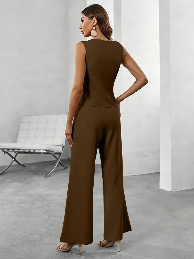 Damen Hosenanzug Set mit taillierter Weste & komfortabler Flarehose. Zeitloses Business- & Freizeit-Outfit.