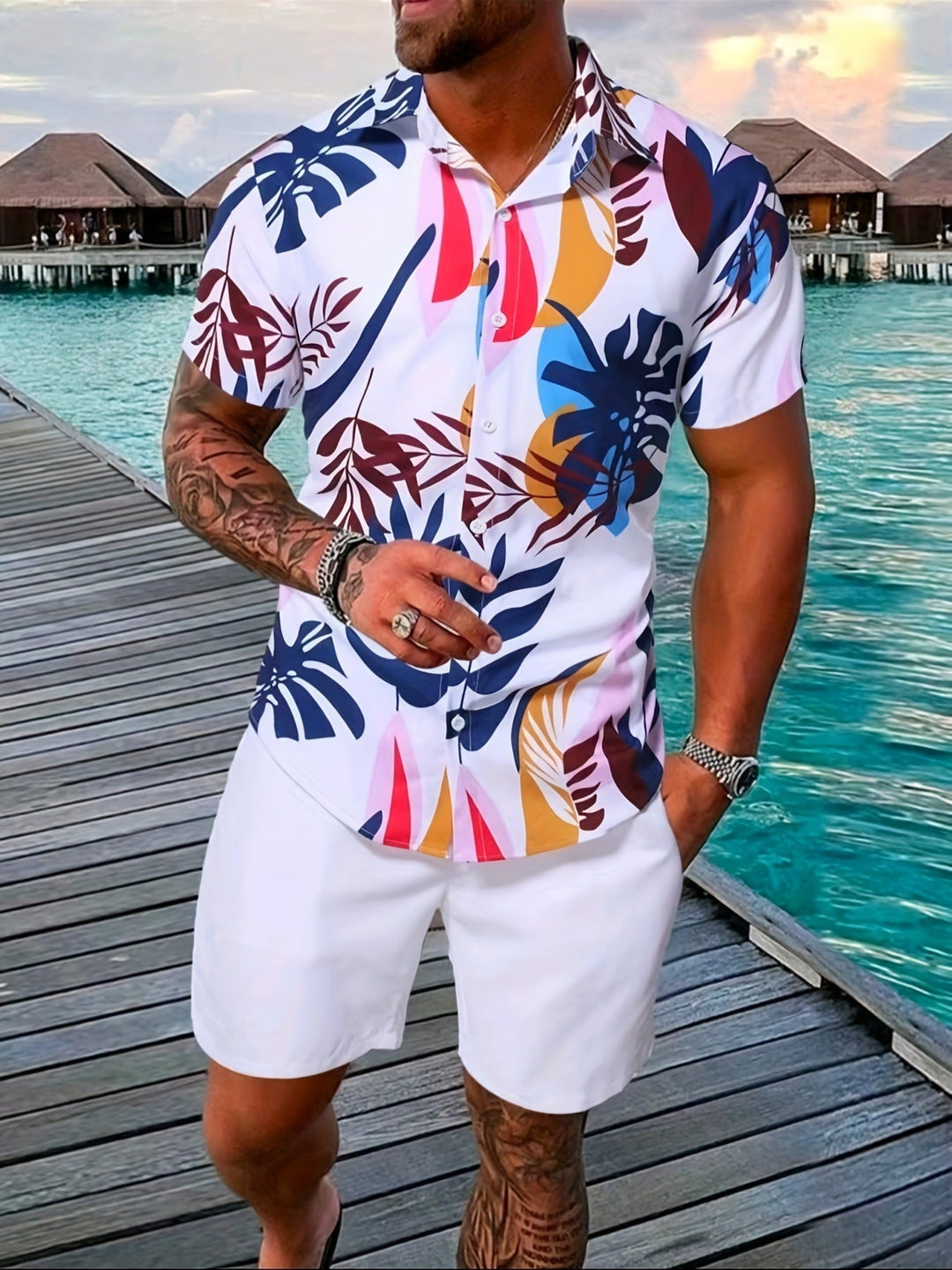Modernes Herren Sommer-Set: Stylisches Kurzarmhemd und bequeme Shorts für lässige Strandtage.