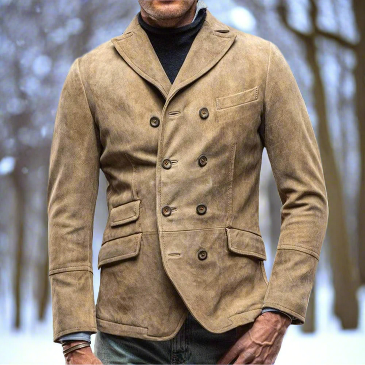 Stilvoller Herren Blazer, Doppelreiher mit elegantem Reverskragen und taillierter Passform, für herbstliche Business-Outfits.