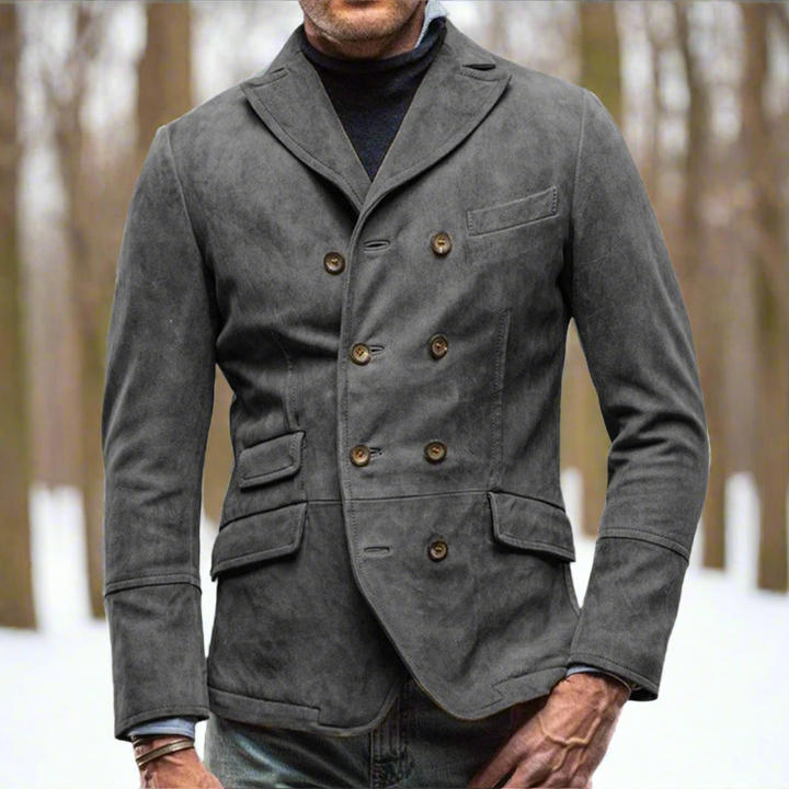 Moderner Herren Blazer im Doppelreiher-Stil, tailliert, mit markantem Reverskragen, perfekt für Business und Freizeit.