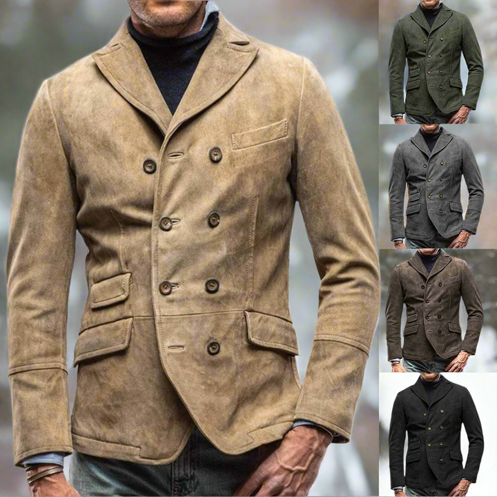 Herren Doppelreiher Blazer aus PU-Leder mit elegantem Reverskragen, tailliert für stilvolle Business Casual Looks.