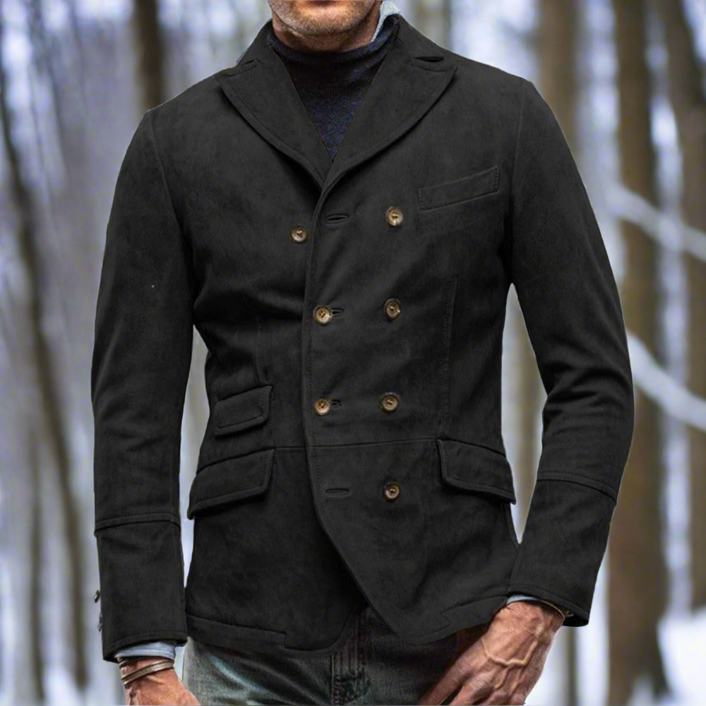 Eleganter Herren Doppelreiher Blazer, tailliert geschnitten aus PU-Leder, ideal als stilvolle Frühjahrs-/Herbstjacke.