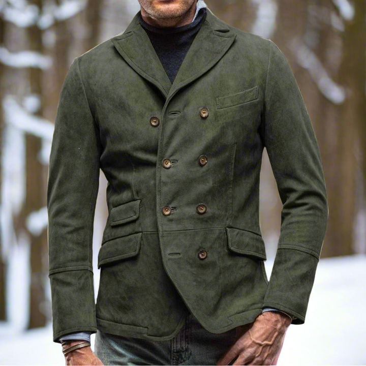 Hochwertiger Herren Doppelreiher Blazer aus PU-Leder, tailliert geschnitten, ein Muss für elegante Herrenmode.