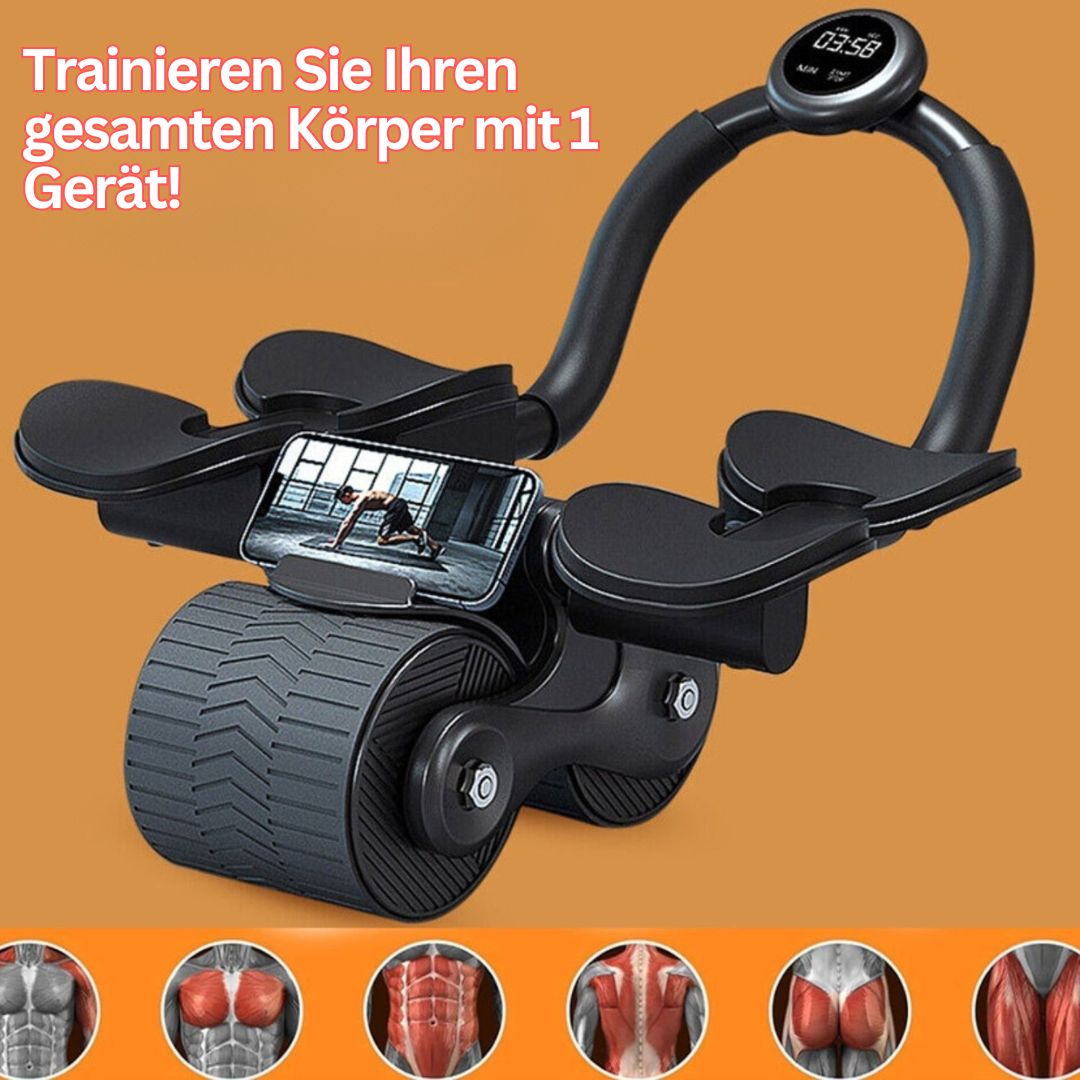 Person trainiert Bauchmuskeln mit CoreRoller Max Ab Roller, effektives Fitnessgerät für Sixpack & Muskelaufbau.