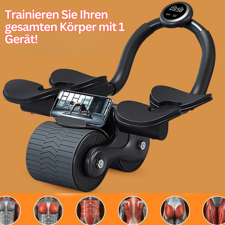 Person trainiert Bauchmuskeln mit CoreRoller Max Ab Roller, effektives Fitnessgerät für Sixpack & Muskelaufbau.